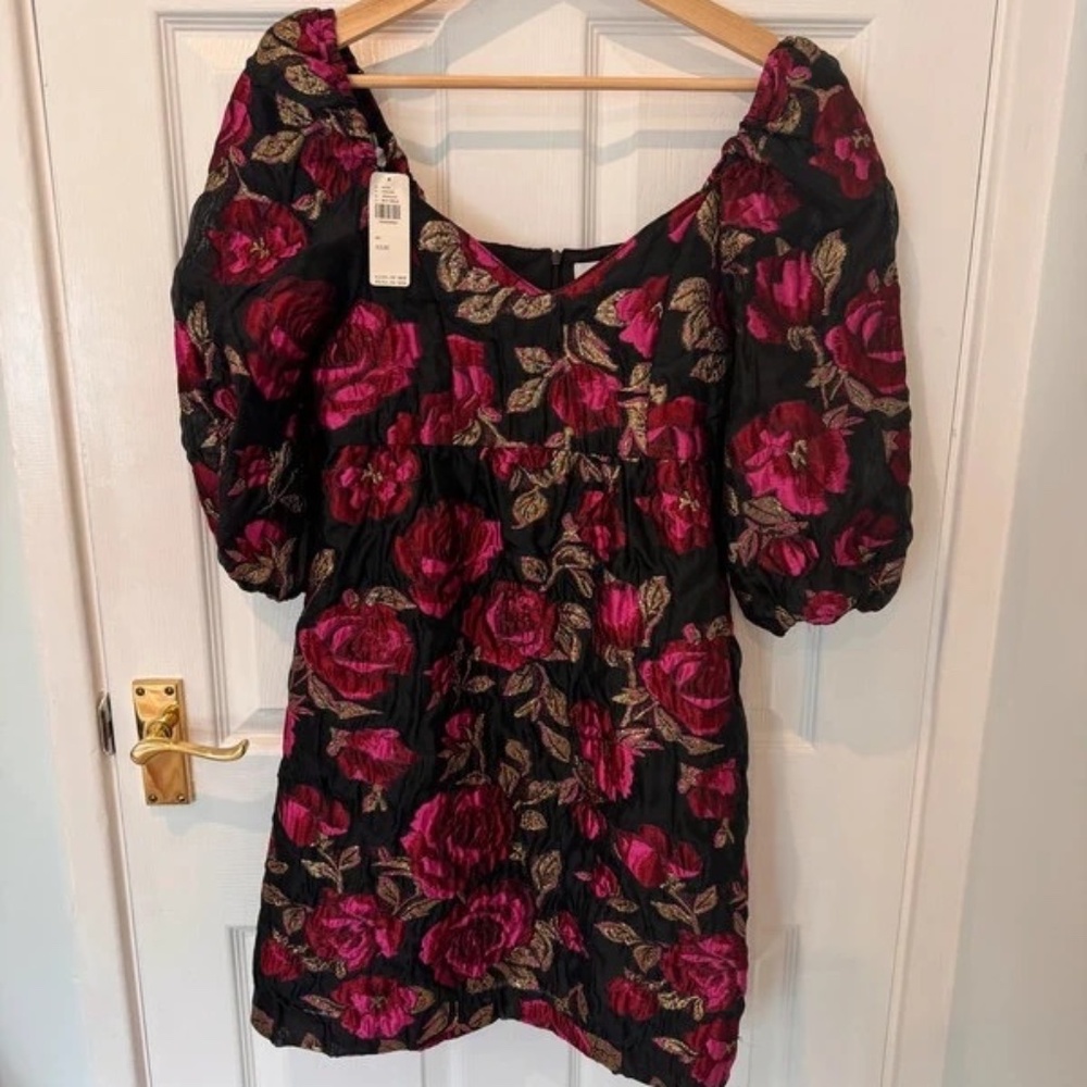 Anthropologie Floral Metallic Gold Brocade Dress